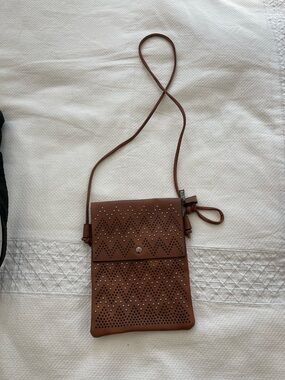 Women's Brown Crossbody Bag with Perforated Chevron Design
